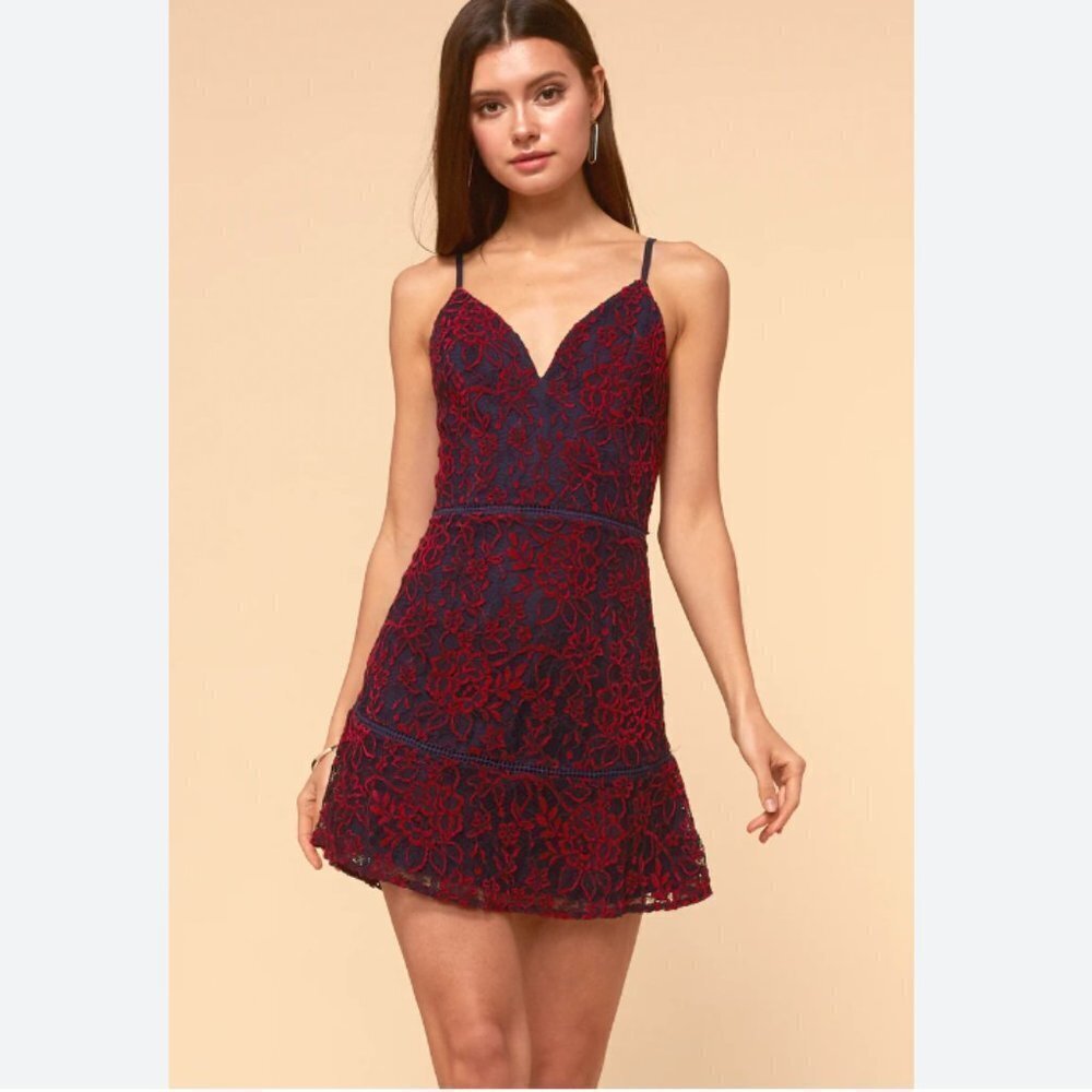 ADELYN RAE NAVY RED EMBROIDERED LACE SLEEVELESS FIT & FLARE COCKTAIL DRESS -  M